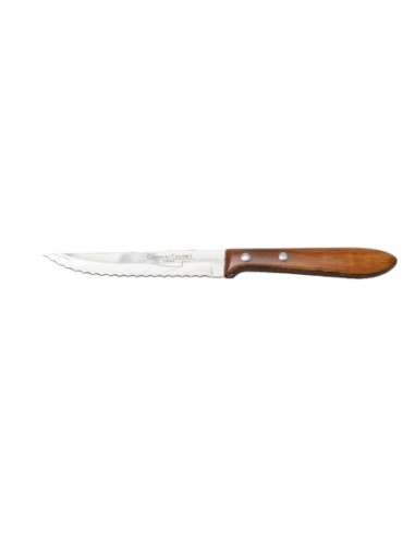 Cuchillo chuletero de hoja de acero inoxidable dentada de 105 mm y mango de Madera de haya comprimida y laminas de resina.